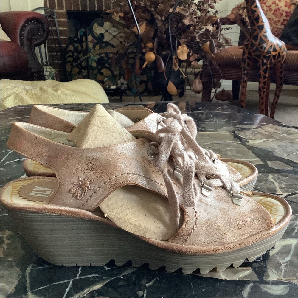Fly London YLVA gold metallic leather wedge heel sandals size 10